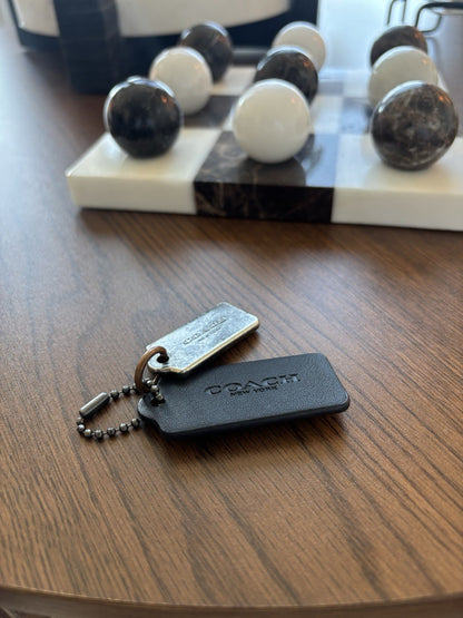 COACH Designer (2) Hanging Bag Charm Fob Black Leather /Gunmetal Tag /Bead Chain