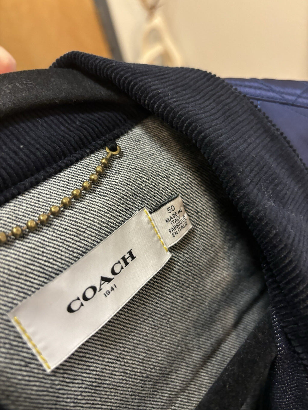 NEW Designer COACH Denim Shearling Jacket Coat Blue Tan Zip Size 50 (org $895)