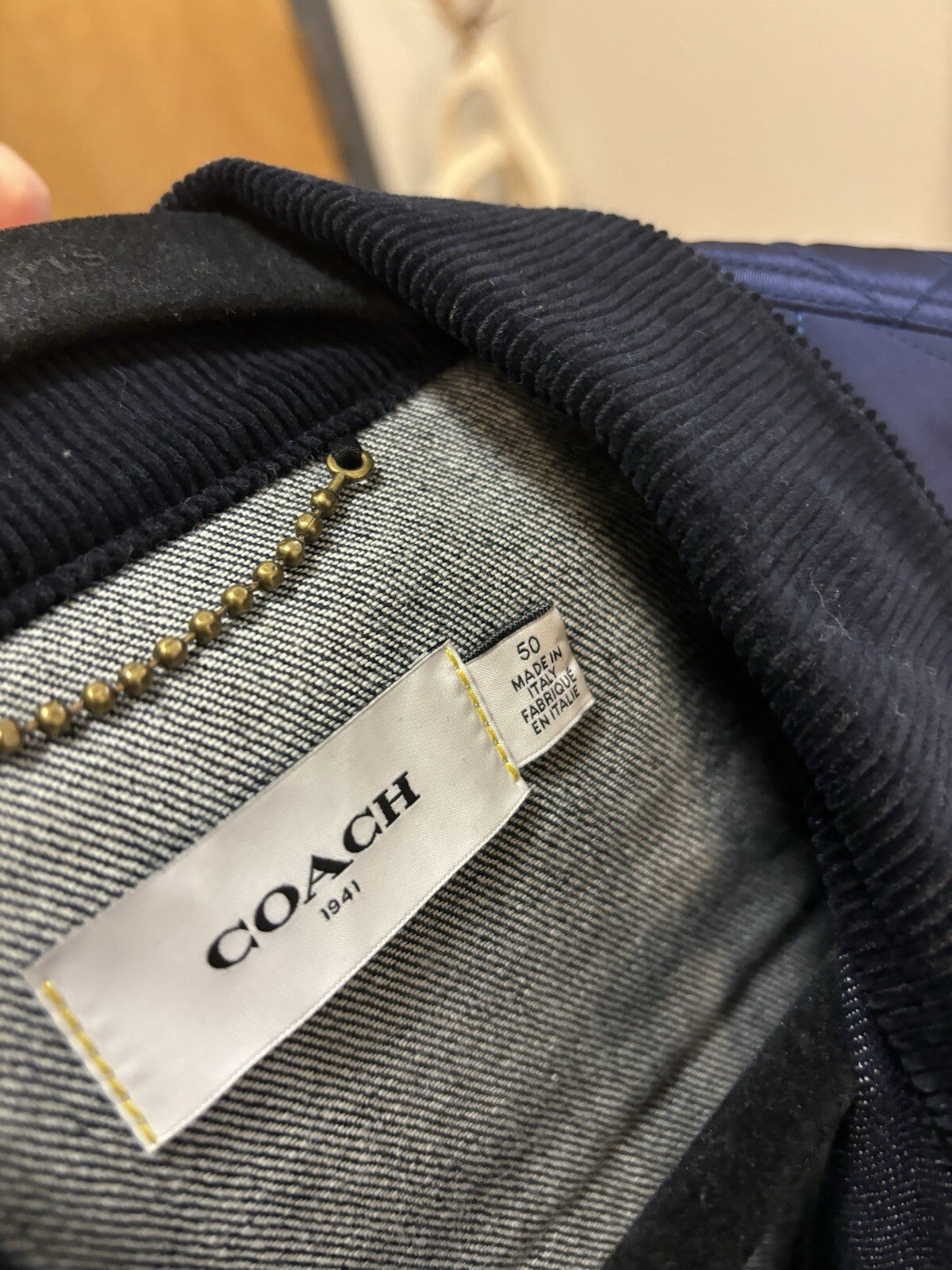 NEW Designer COACH Denim Shearling Jacket Coat Blue Tan Zip Size 50 (org $895)