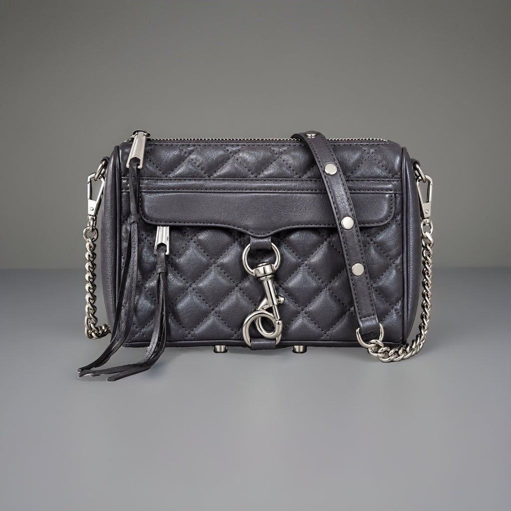 REBECCA MINKOFF Mini MAC Gray Quilted Leather Zip Crossbody Bag Chain (org $430)