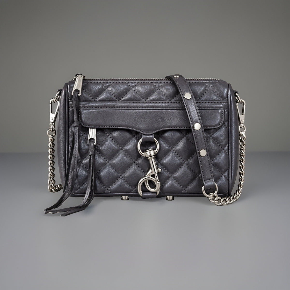 REBECCA MINKOFF Mini MAC Gray Quilted Leather Zip Crossbody Bag Chain (org $430)