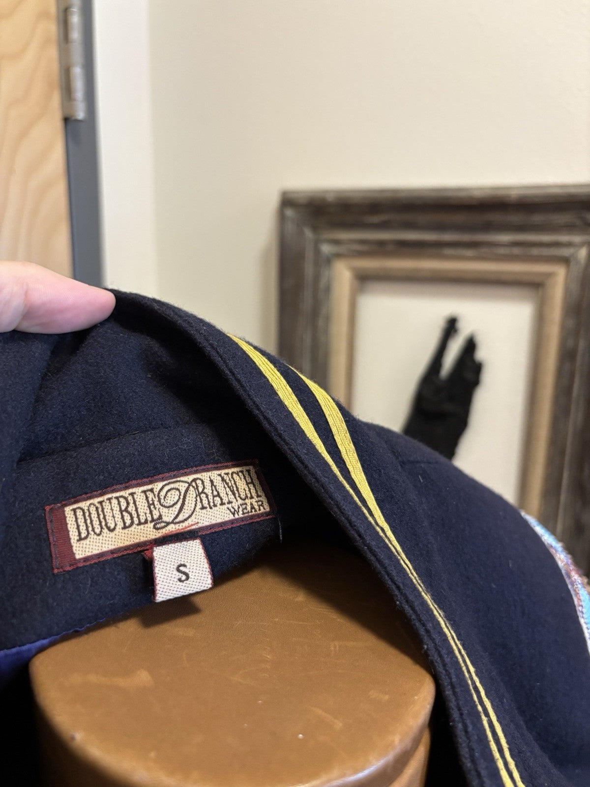 Double D Ranch VINTAGE Wool Jacket Military Beaded NavyBlue Varsity Stripe Small