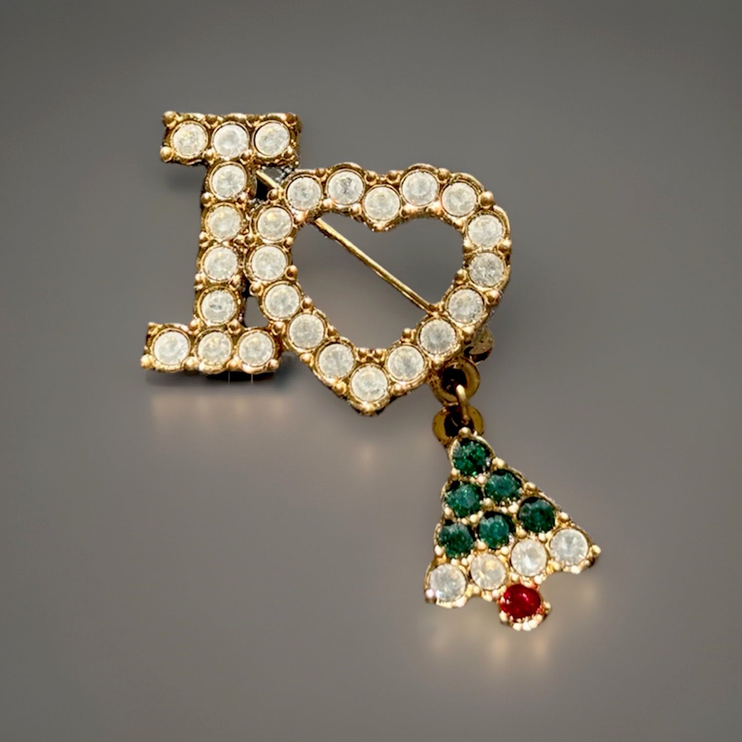 Vintage Gold AVON I Love Christmas Brooch Scarf Pin Red Green Stone /Dangle Tree