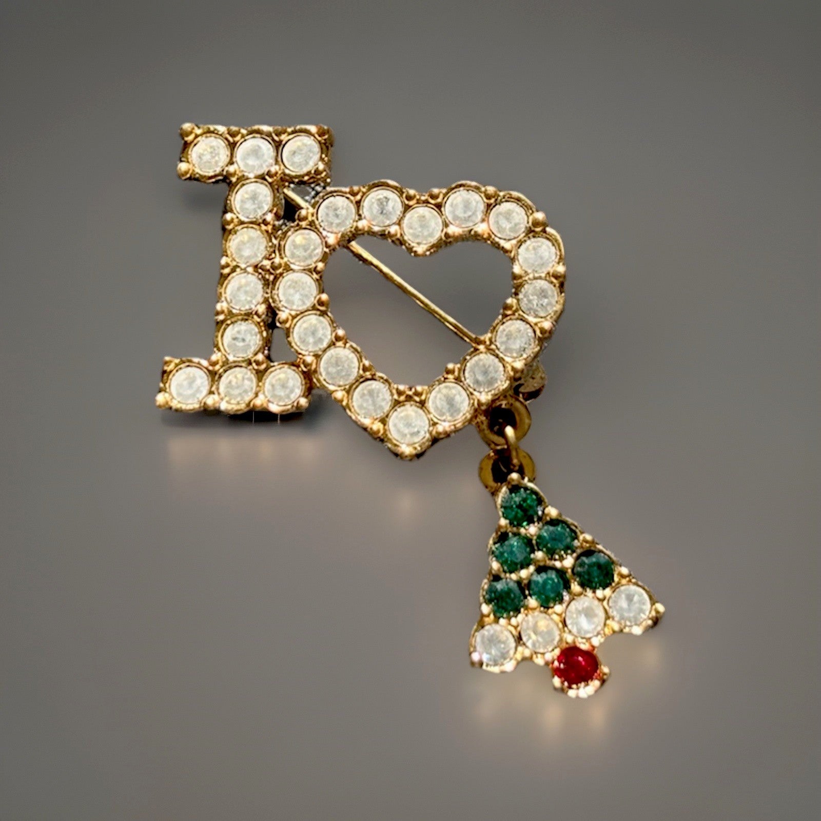 Vintage Gold AVON I Love Christmas Brooch Scarf Pin Red Green Stone /Dangle Tree