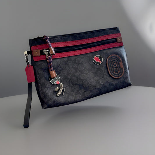 COACH Create Pin Banana/ Bolt Pins Accessory Toiletry Pouch Wristlet Red Leather