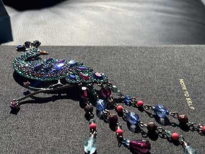 NWT Vintage Avon SP 2004 Dazzling Rhinestone Peacock Brooch Pin w/ Beaded Tail