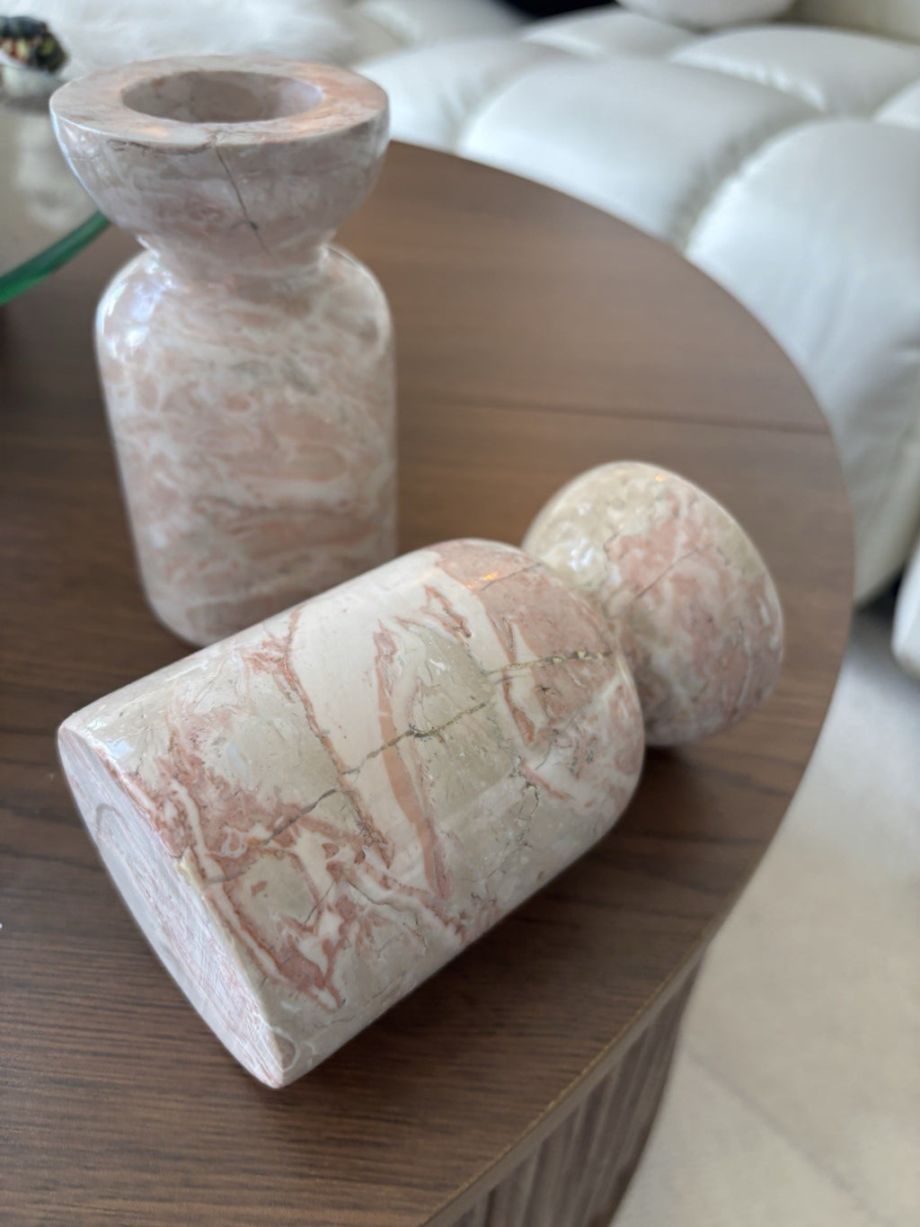 ITALIAN Pink/White Marble Candlestick Holders (2) Pair Japanese Style Made Italy