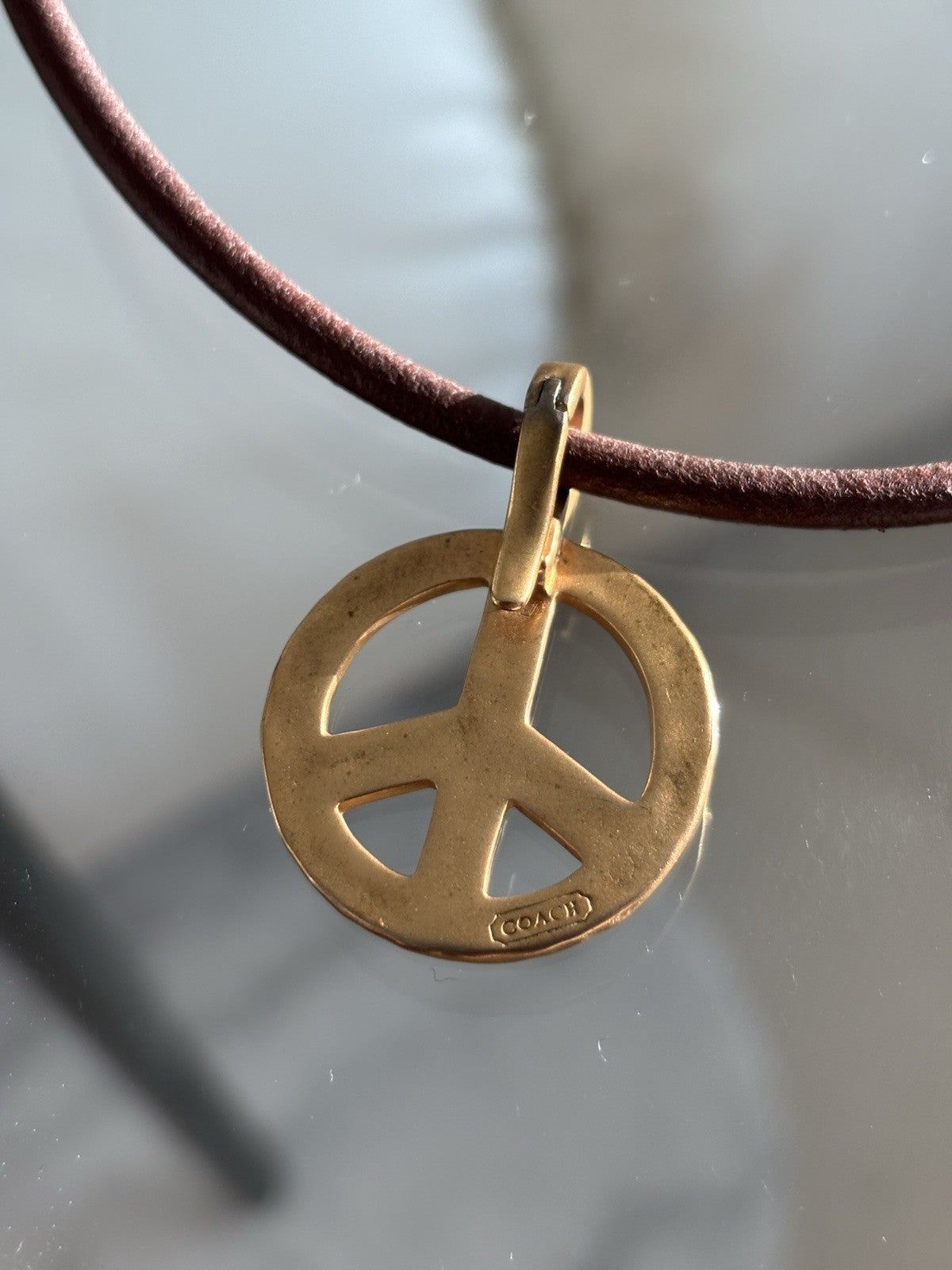 Vintage COACH Brown Leather Cord Gold Brass Peace Sign Pendant Necklace 14 inch