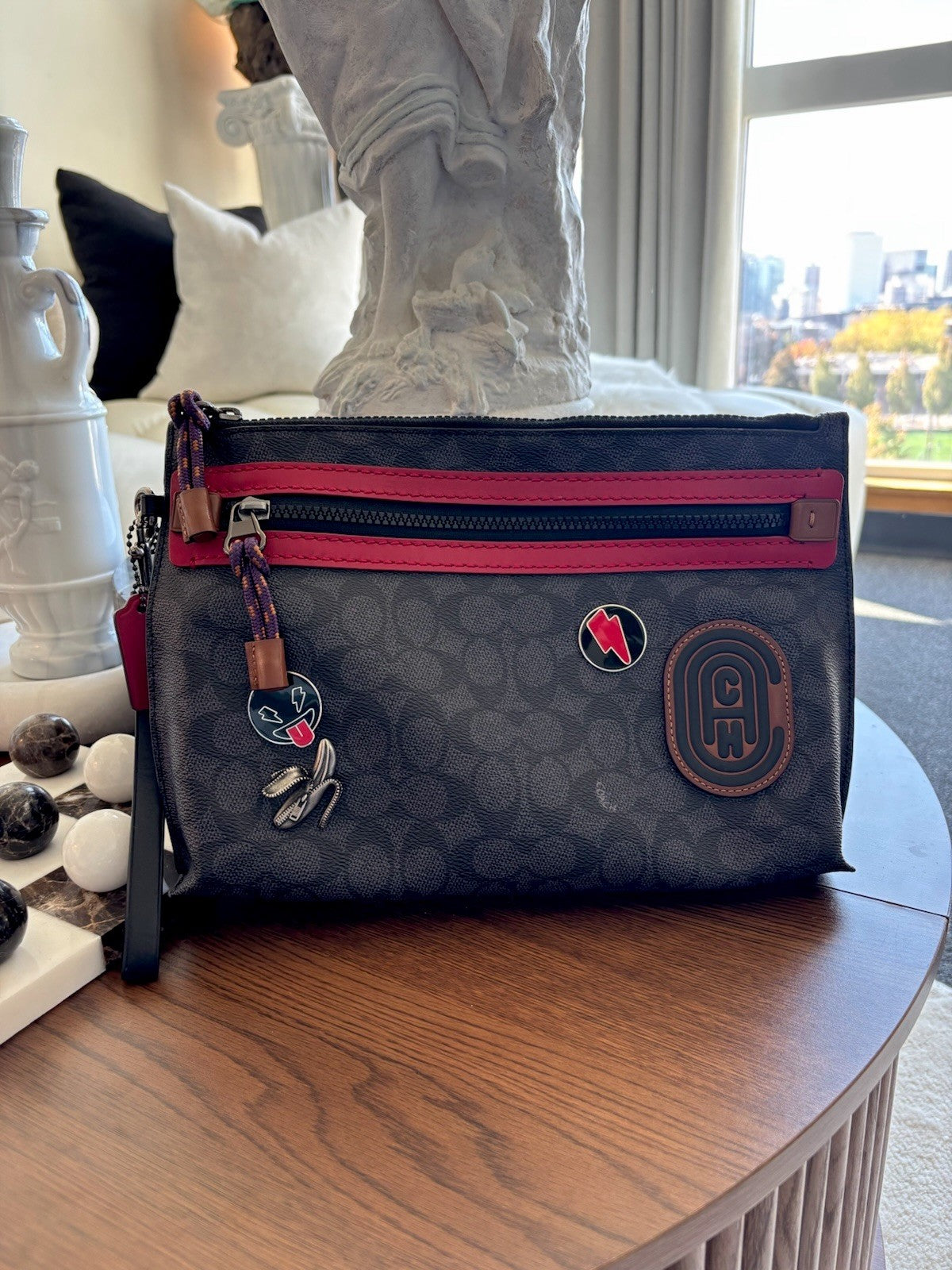 COACH Create Pin Banana/ Bolt Pins Accessory Toiletry Pouch Wristlet Red Leather