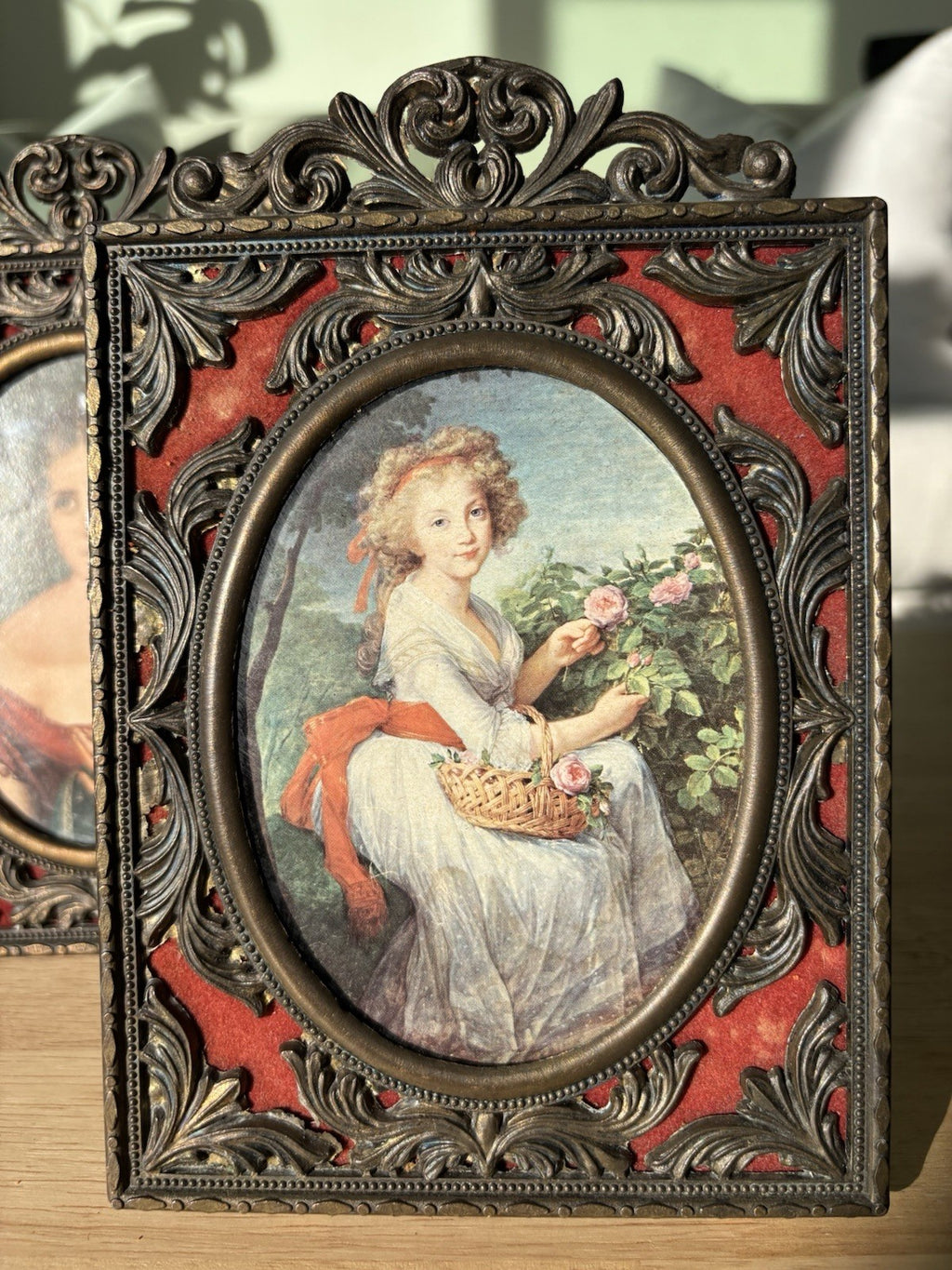 1951 VINTAGE Italian Portrait Frames Set of 2 Brass Filigree & Red Velvet 5x8”