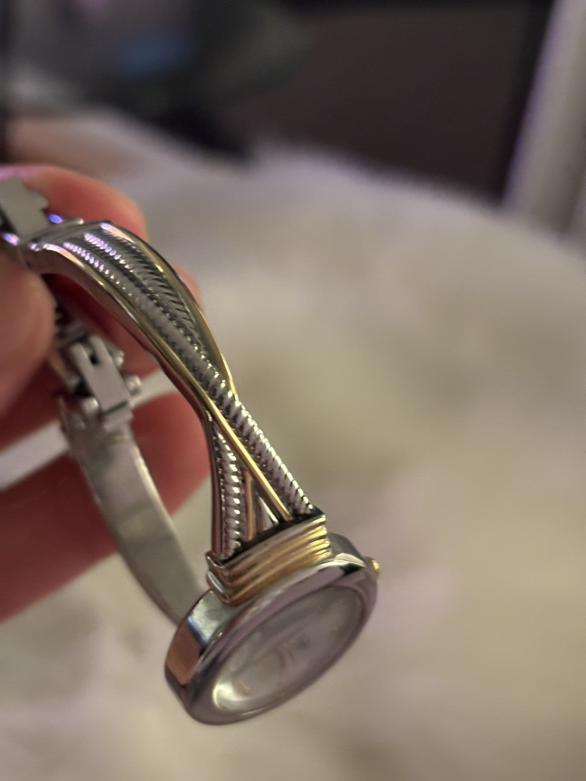 Real Diamond Mother Pearl Silver Gold Bangle Anne Klein Women Quartz 6.8” Watch