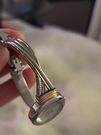 Real Diamond Mother Pearl Silver Gold Bangle Anne Klein Women Quartz 6.8” Watch