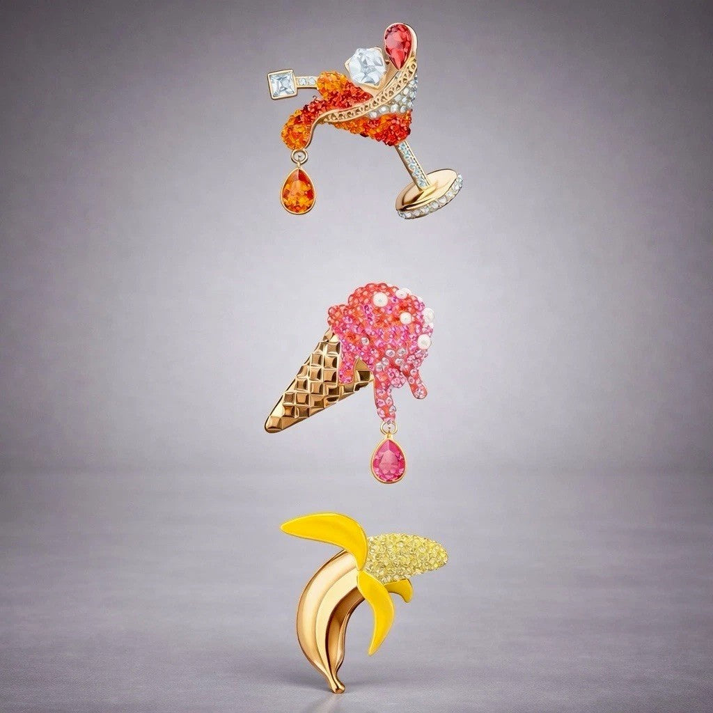 SWAROVSKI Cocktail Ice Cream Banana Crystal “No Regrets” Pins Brooch Set NWT/box