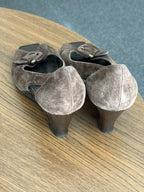 VANELI Brown Suede Leather Wedge Sandals Peep Toe Leather Heels Buckle Size 7.5M