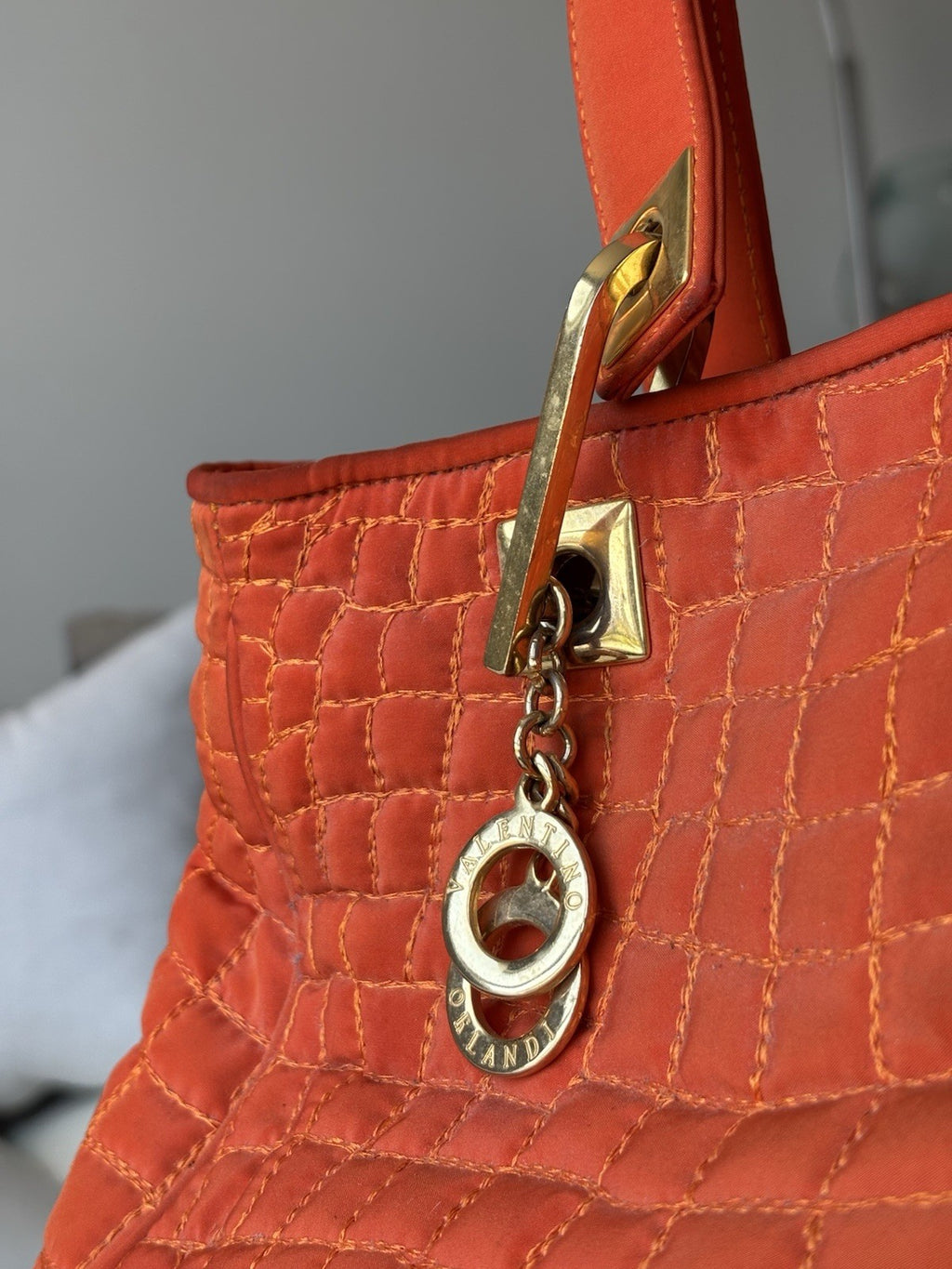 VALENTINO “Orlandi” Orange Quilted Nylon Handbag Gold Charm Italy (org $595.00)
