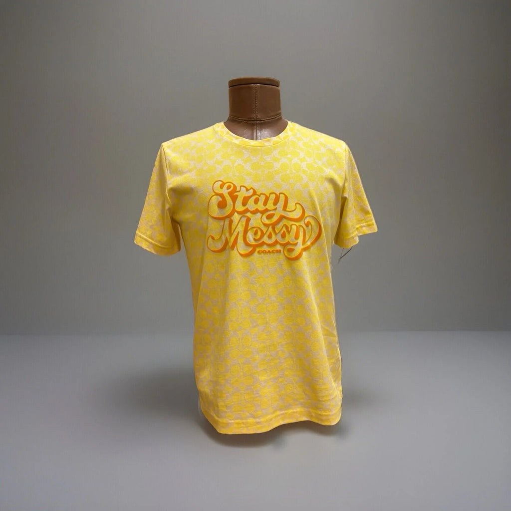COACH Designer T Shirt Retro Fuzzy Graphic “Stay Messy” Yellow Size M (org $150)
