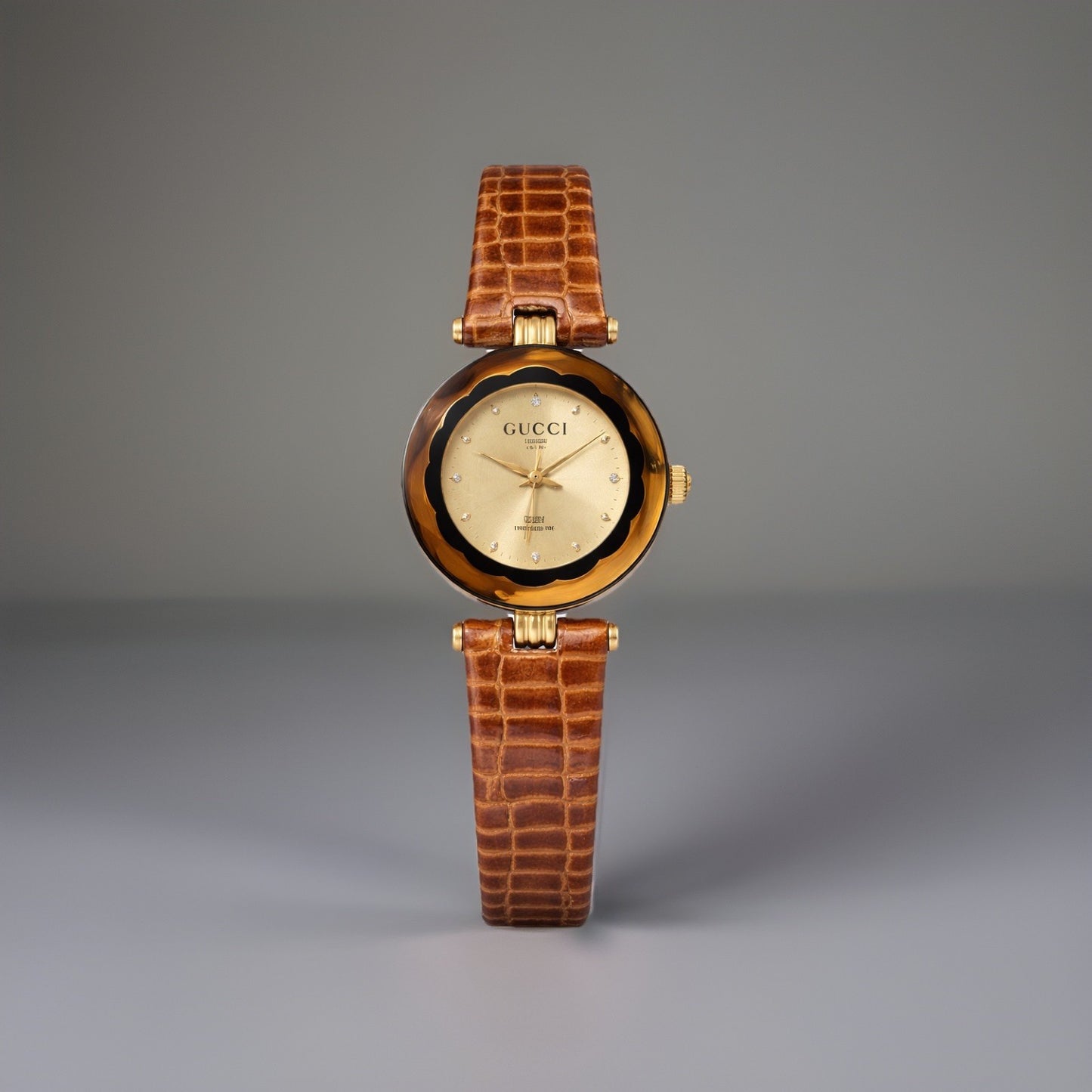 GUCCI 1986 Vintage Quartz GG Gold Brown Watch Leather Python Snake Adjust Band