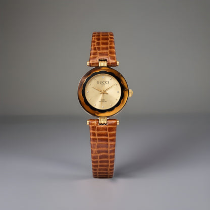 GUCCI 1986 Vintage Quartz GG Gold Brown Watch Leather Python Snake Adjust Band