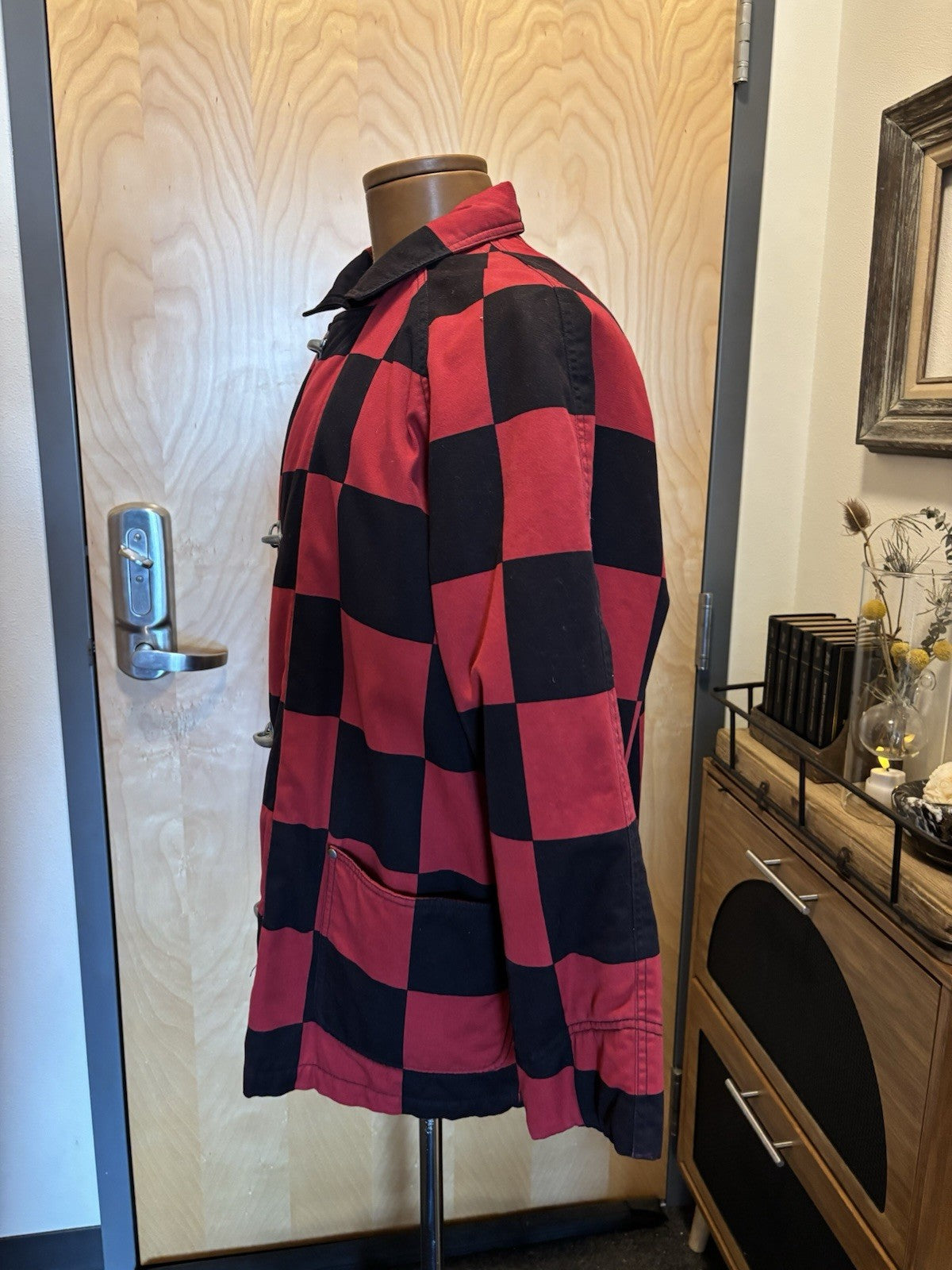 ESPRIT 1990’s Vintage Red/Black Checkered Toggle Coat Jacket 100% Cotton Medium