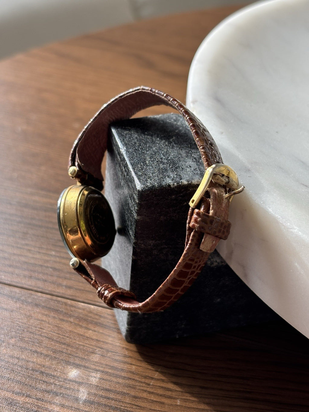 GUCCI 1986 Vintage Quartz GG Gold Brown Watch Leather Python Snake Adjust Band