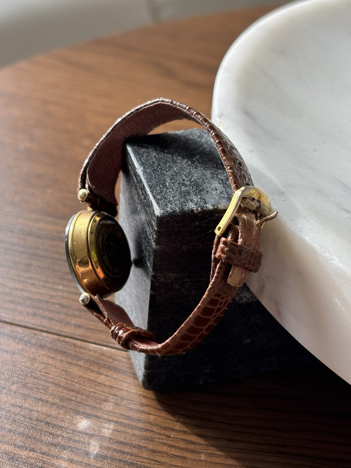GUCCI 1986 Vintage Quartz GG Gold Brown Watch Leather Python Snake Adjust Band