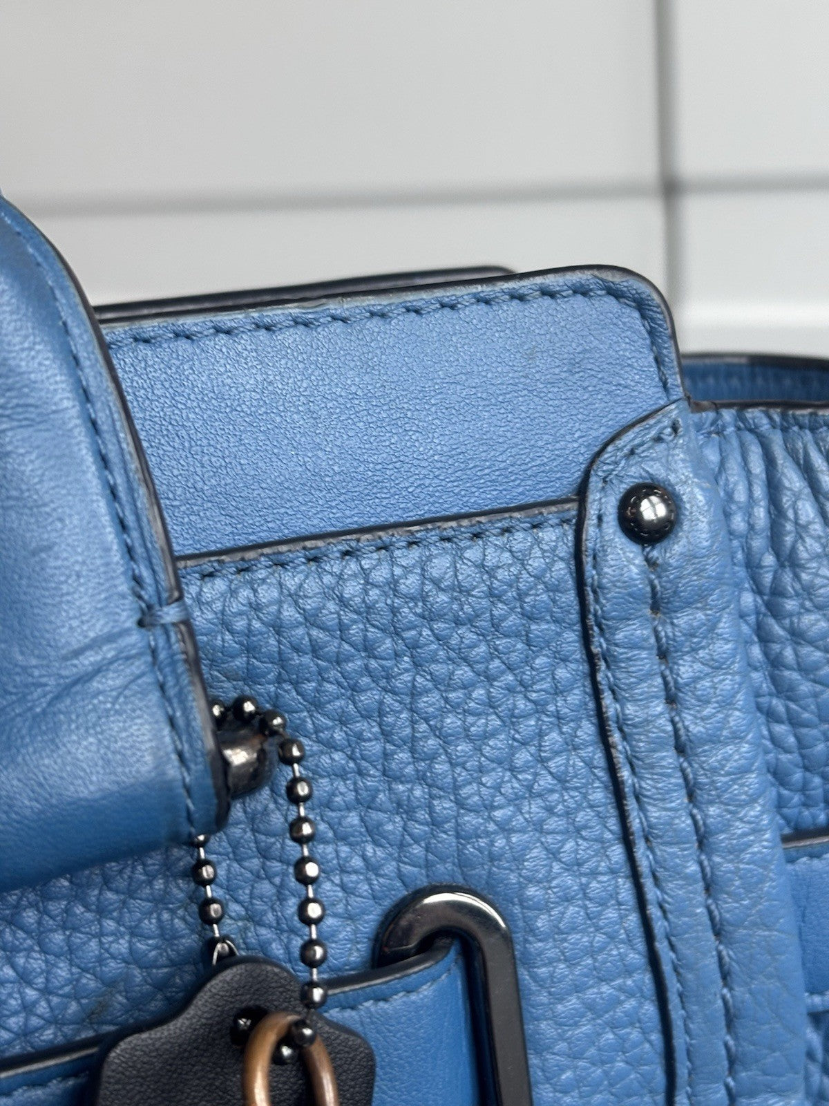 COACH Swagger 27 Pebble Leather Satchel Bag Electric Blue Top Handles (org $395)
