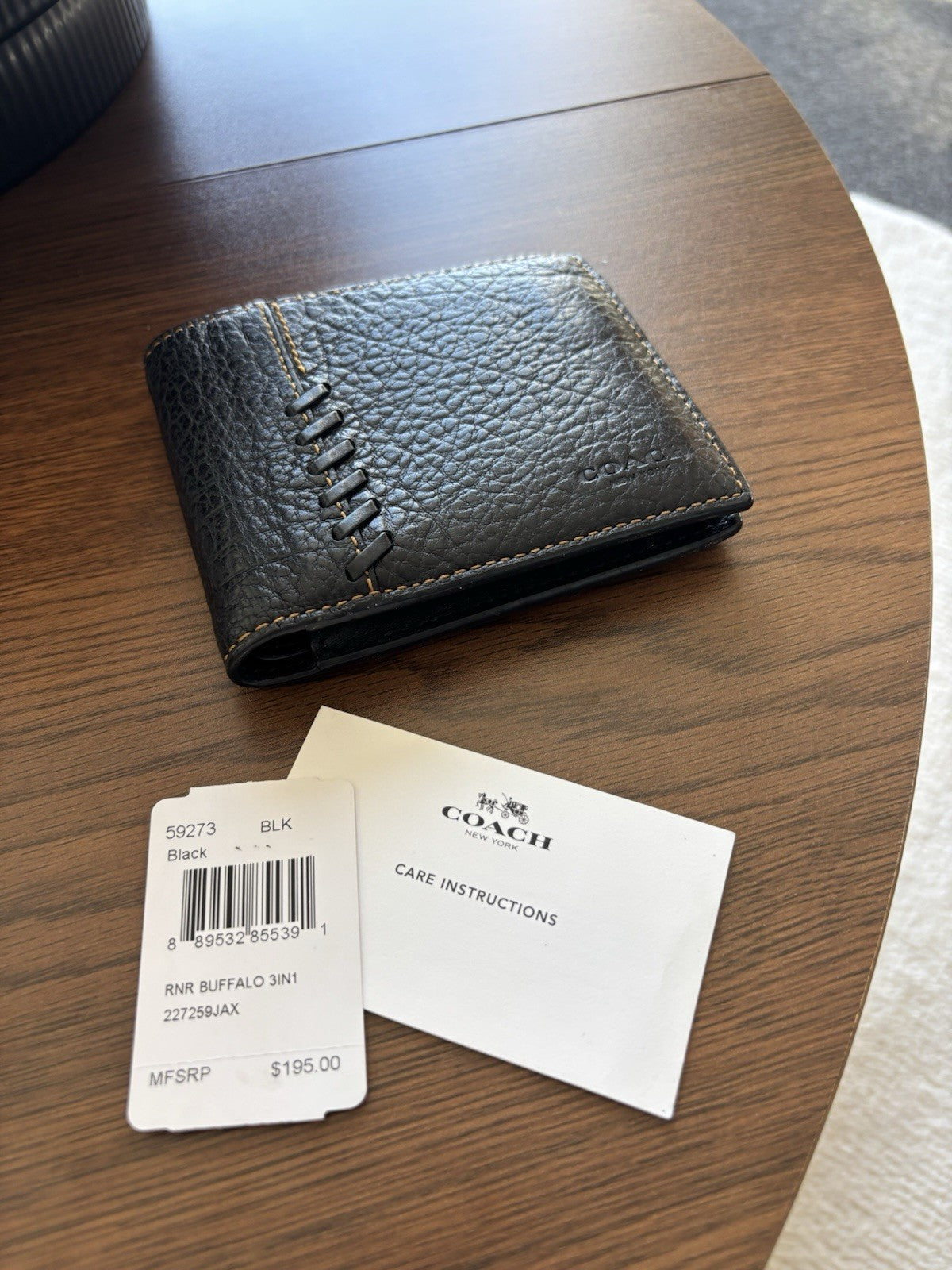 COACH Wallet Baseball 3 In 1 Whipstitch Black Calf Leather Billfold ID Window