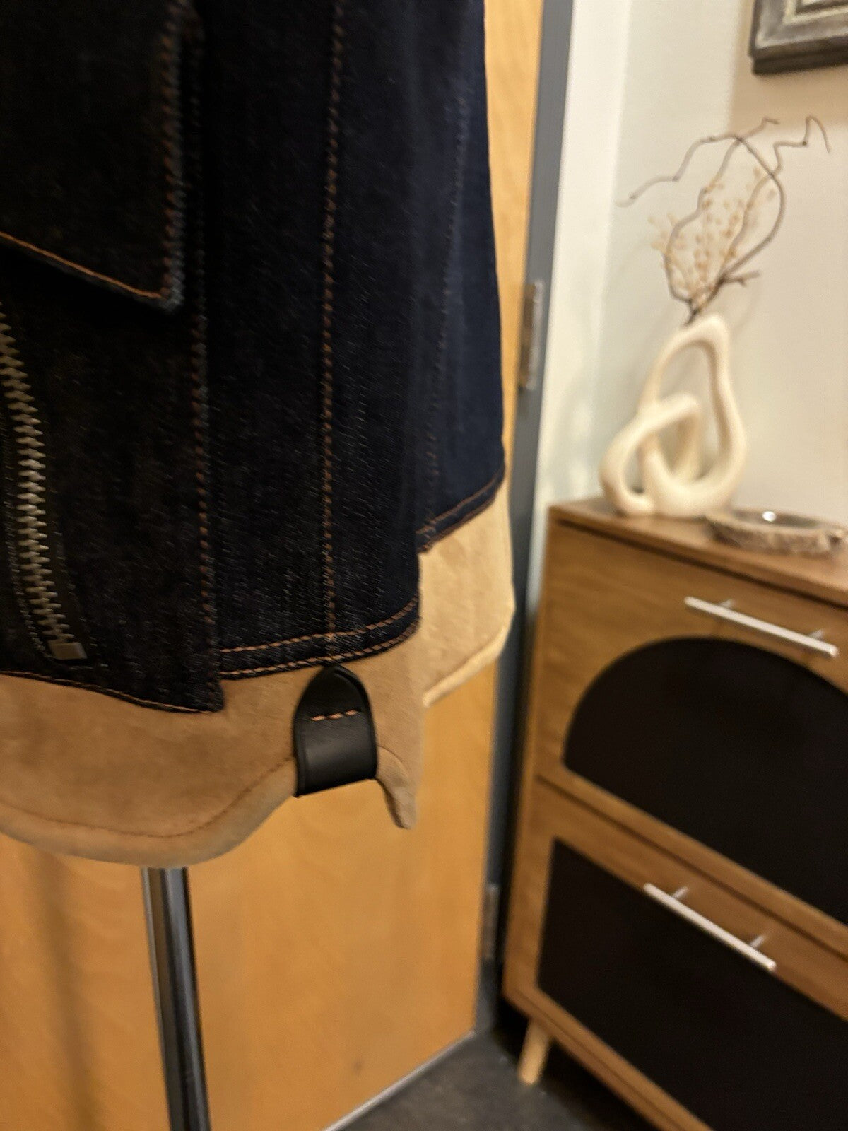 NEW Designer COACH Denim Shearling Jacket Coat Blue Tan Zip Size 50 (org $895)