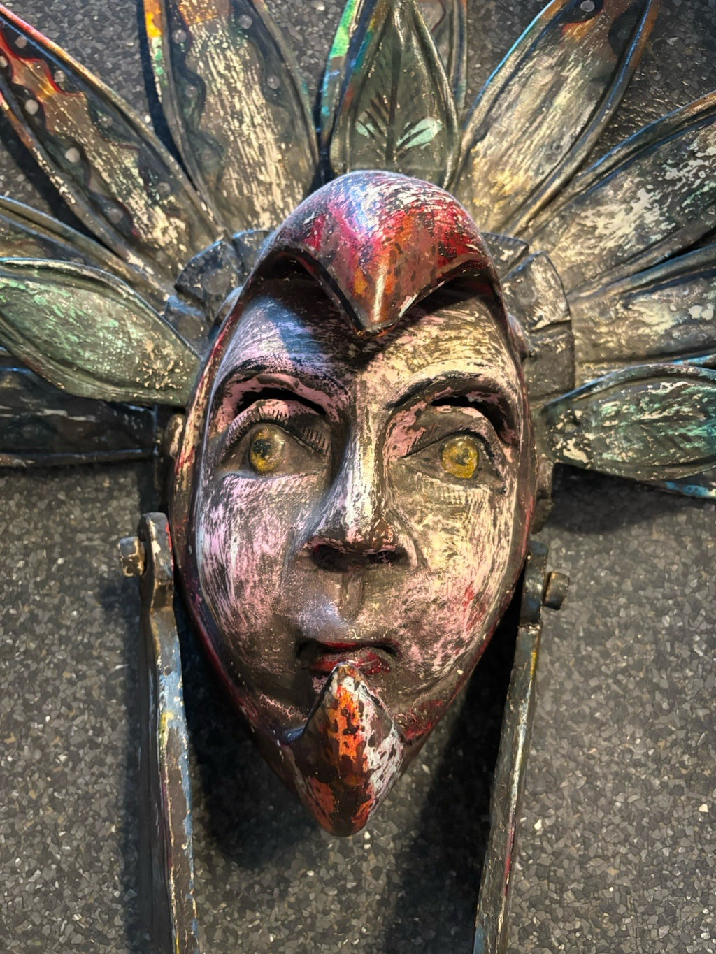 VINTAGE Mexican Hand Carved Wood Wall Mask Bird Headdress Folk Art Large 29inch