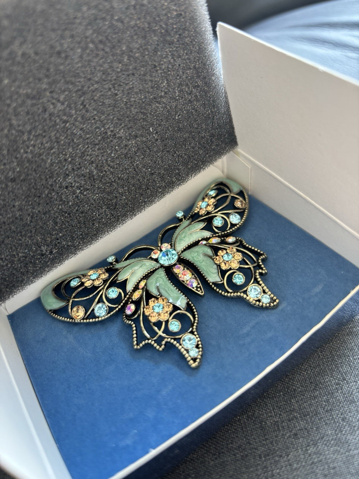 NEW Nina Ricci For Avon Butterfly Brooch - 1980s Vintage Enamel filigree W/ Box