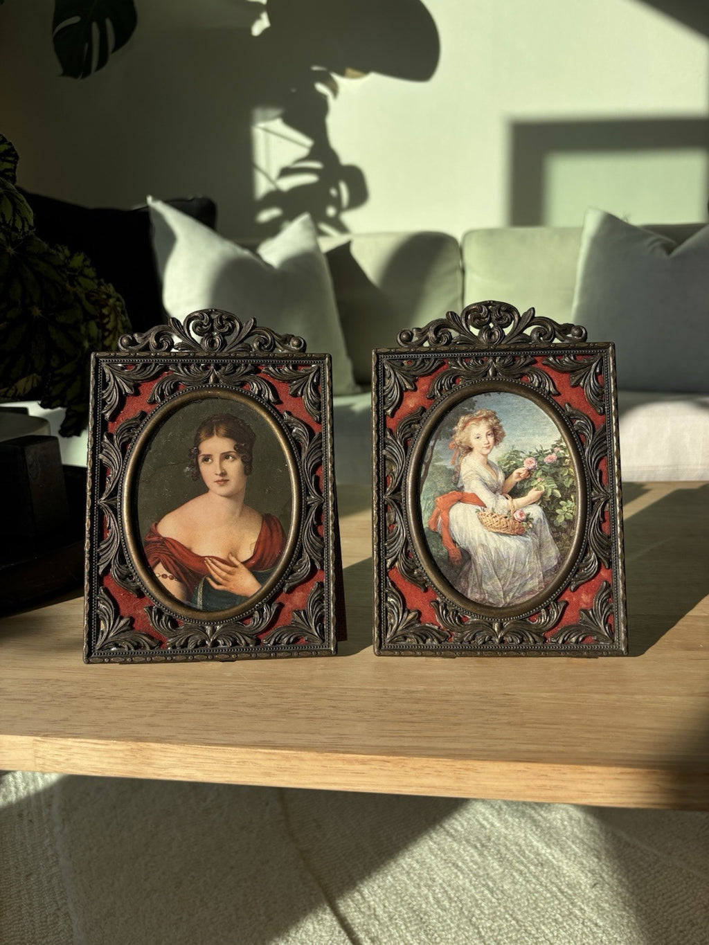 1951 VINTAGE Italian Portrait Frames Set of 2 Brass Filigree & Red Velvet 5x8”