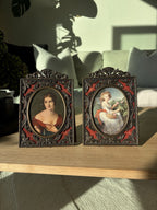 1951 VINTAGE Italian Portrait Frames Set of 2 Brass Filigree & Red Velvet 5x8”