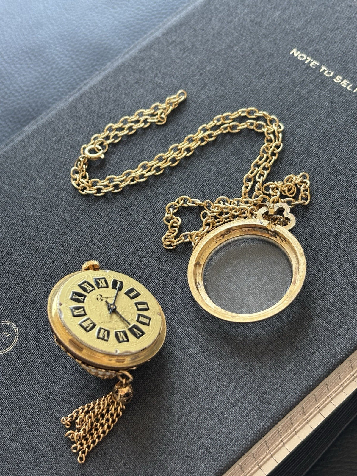 Vintage 1972 AVON Pendant Swiss Movement Watch Necklace Amber Stone Gold Tassel