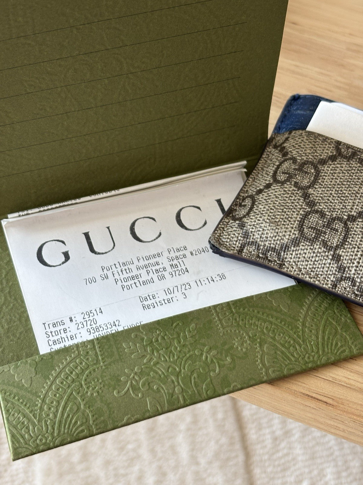 GUCCI Supreme GG Card Holder Beige Ebony Canvas Blue Leather 768248 (org $285)