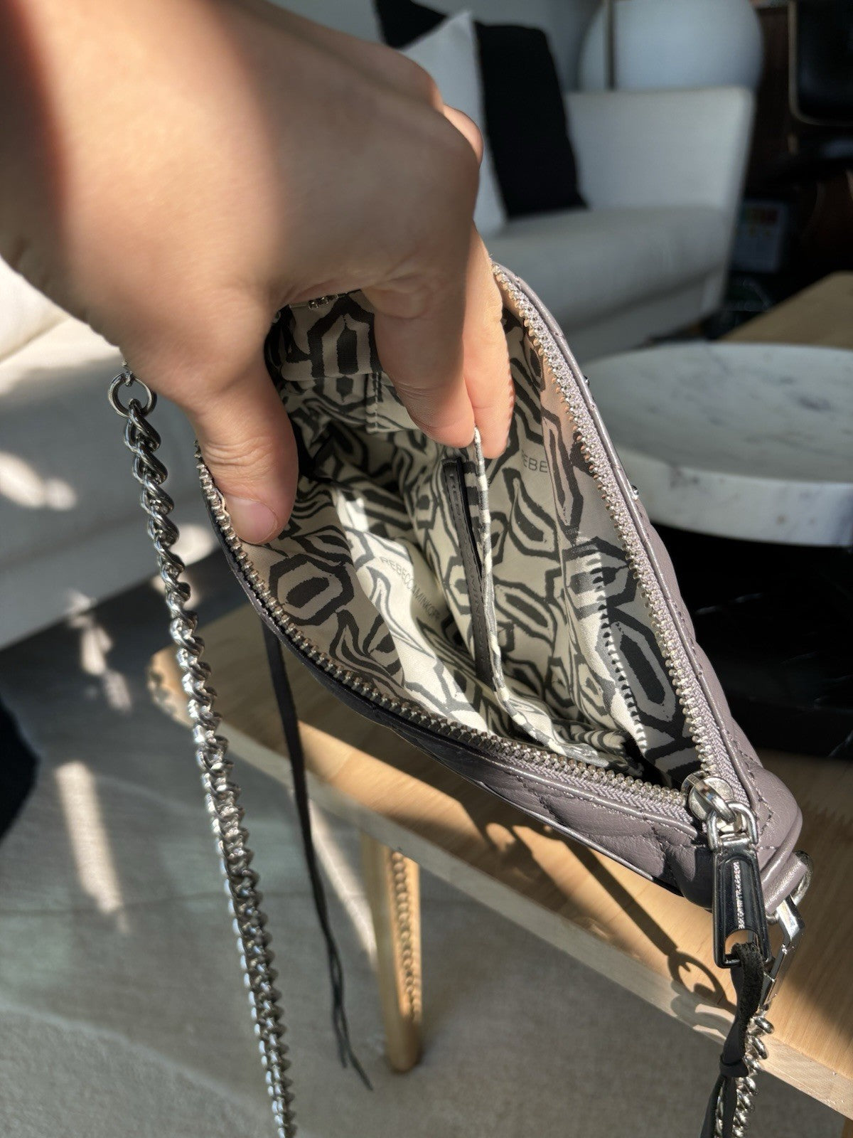 REBECCA MINKOFF Mini MAC Gray Quilted Leather Zip Crossbody Bag Chain (org $430)