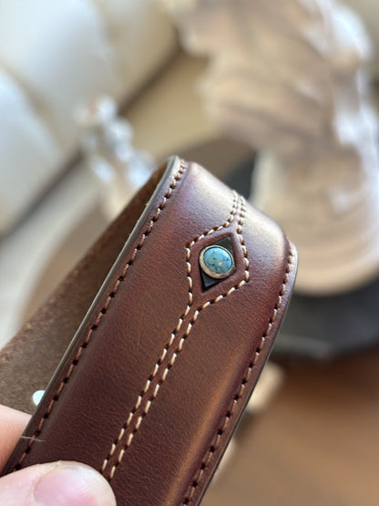 Genuine Turquoise BRIGHTON Cody Taper Brown Leather Belt Size 30/32 Silver Plate