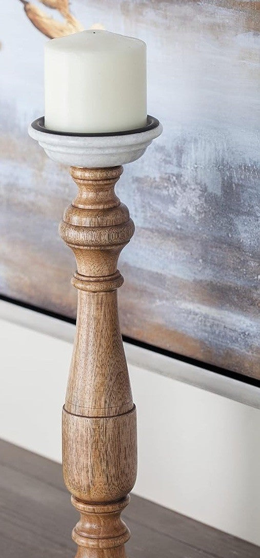 DECO 79 Mango Wood Candle Holder White Marble Base Turned Pillar 15” Candlestick