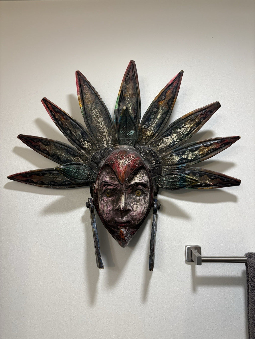 VINTAGE Mexican Hand Carved Wood Wall Mask Bird Headdress Folk Art Large 29inch