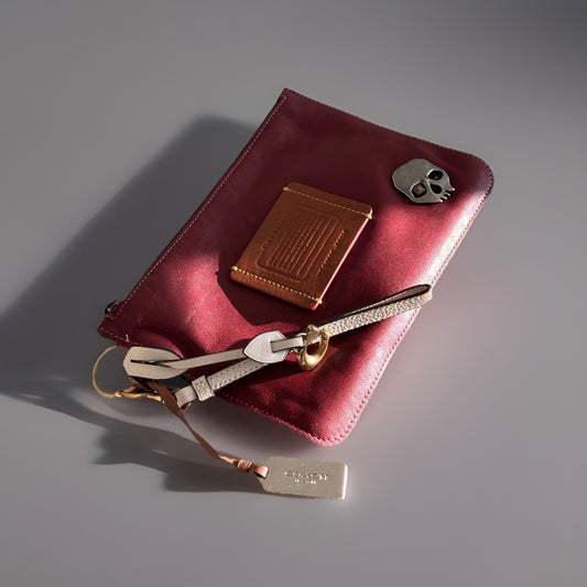 Custom COACH Create Skull Pins On Rogue Wristlet Burgundy Leather Medium Zip Top