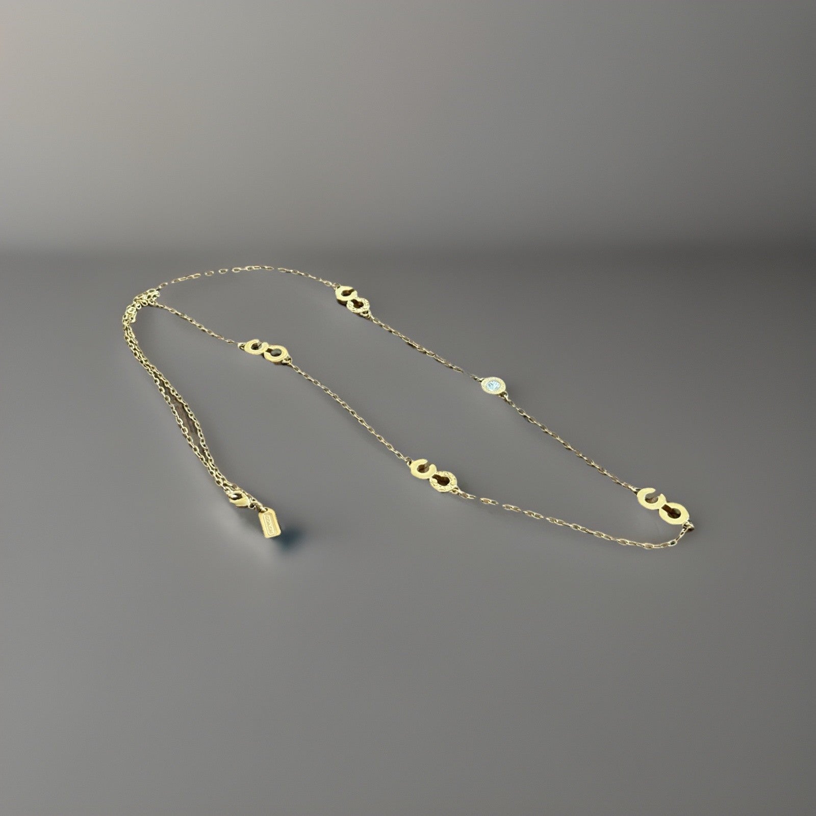 Great COACH Vintage Signature C Gold Plated Crystal Mix Chain Logo Long Necklace