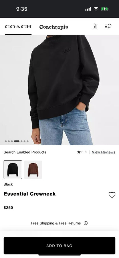 Designer COACH Essential Crew Neck Sweater Classic Heritage Black Size M ($250)
