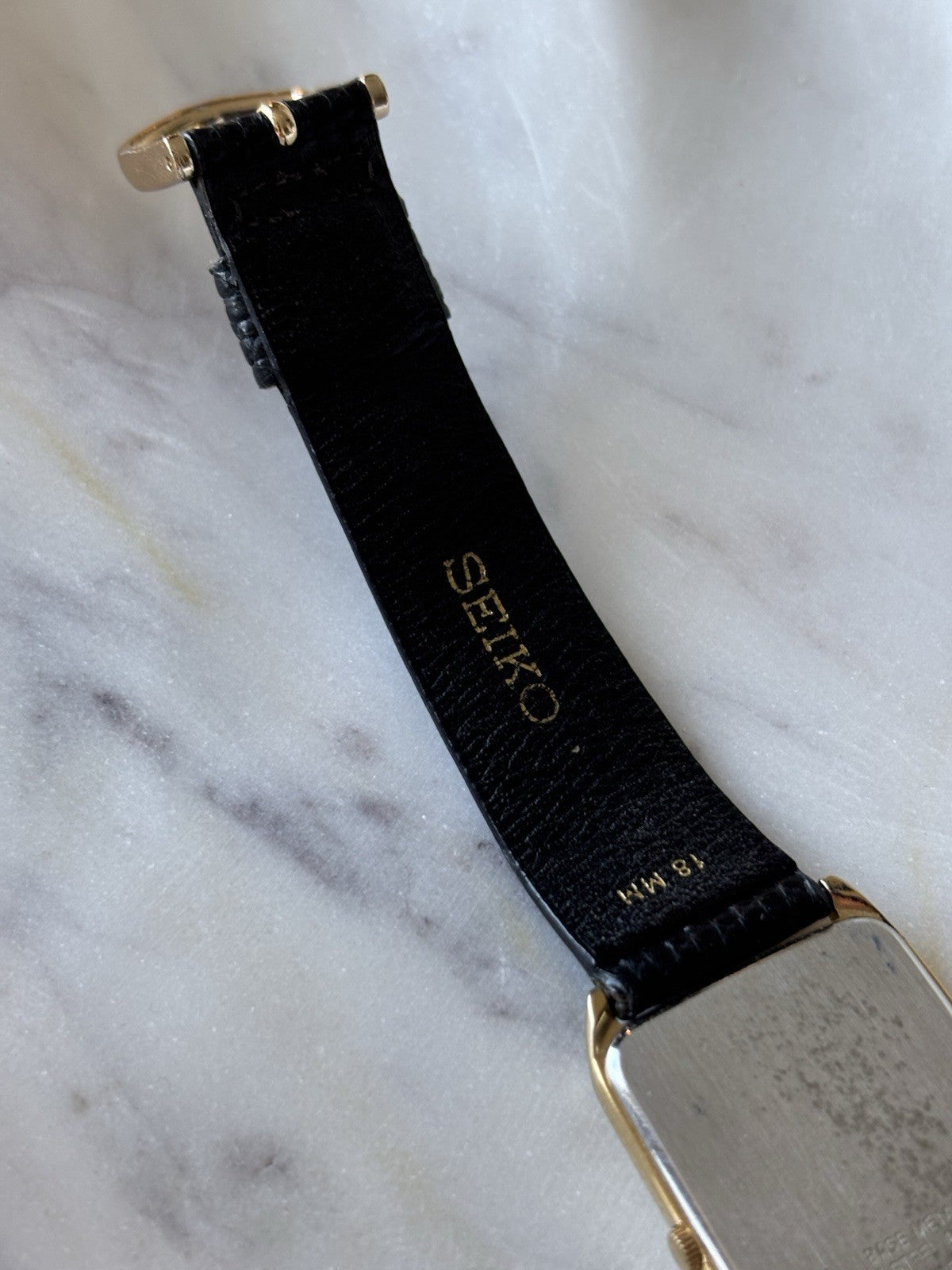 SEIKO Vintage Real Diamond Watch Black/Gold Mens 18mm Leather Snake Adjustable