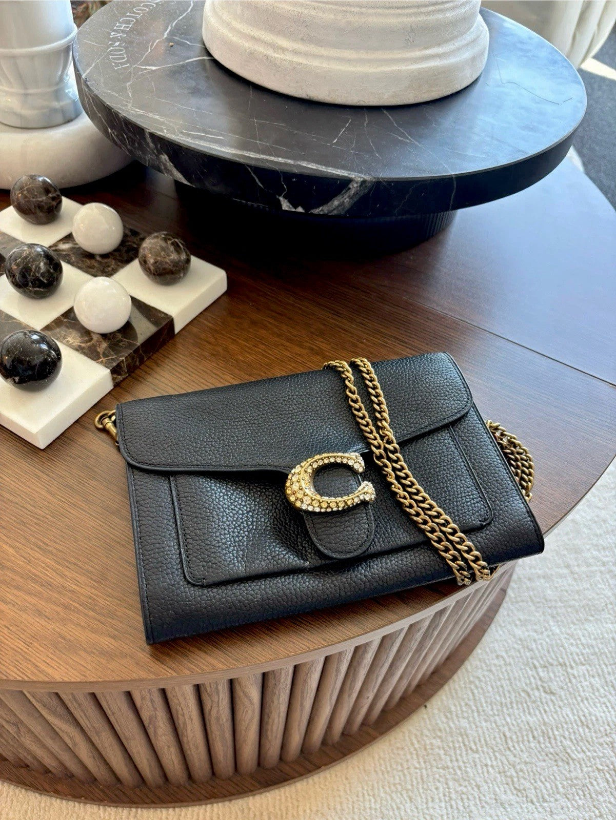 COACH Tabby Chain Clutch Pave Stones C Buckle Black Pebbled Leather (org $395)