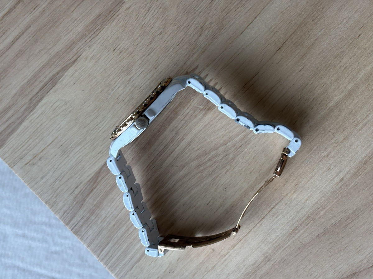 DISNEY Mickey Mouse Rose Gold Crystal White Link Watch Full Length Needs Battery