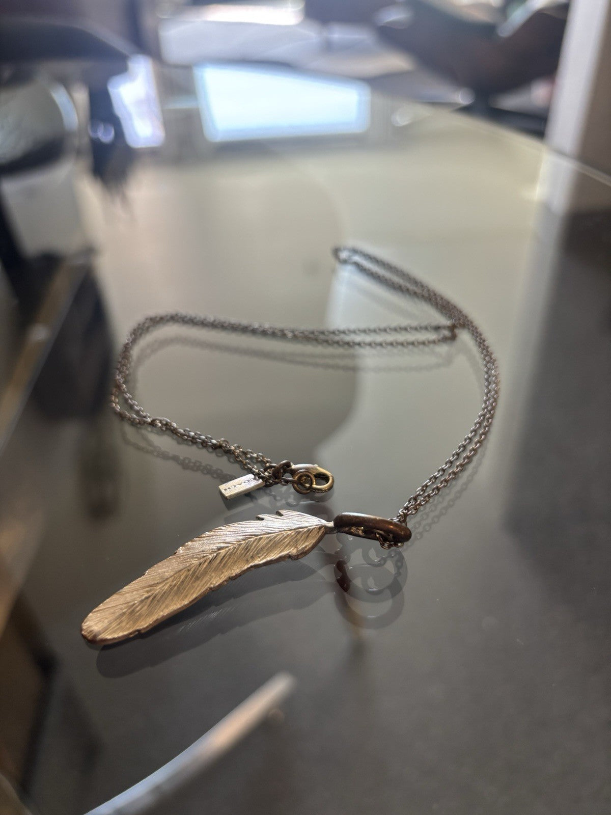 COACH Feather Charm Necklace 22” Rose Gold /Gunmetal Designer Chain (org $150)