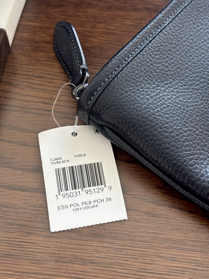 NWT COACH Essential Pouch 28 Black Pebble Leather Travel Case W/Coach Skull+Bow