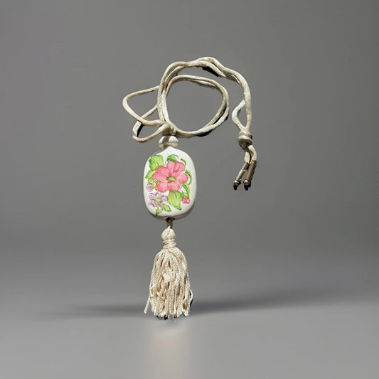Vtg AVON Hand Painted Floral Ceramic Pendant Necklace W/Tassel & Silk Cord 1980
