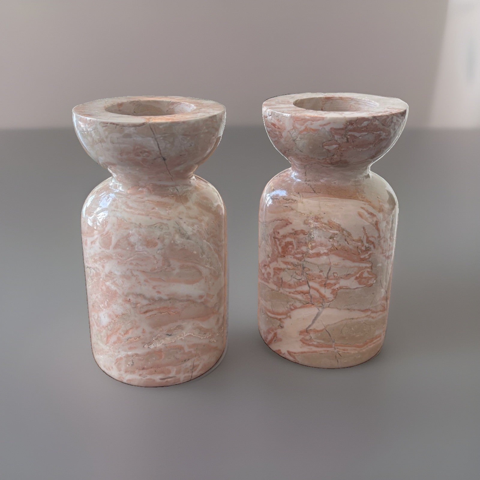 ITALIAN Pink/White Marble Candlestick Holders (2) Pair Japanese Style Made Italy
