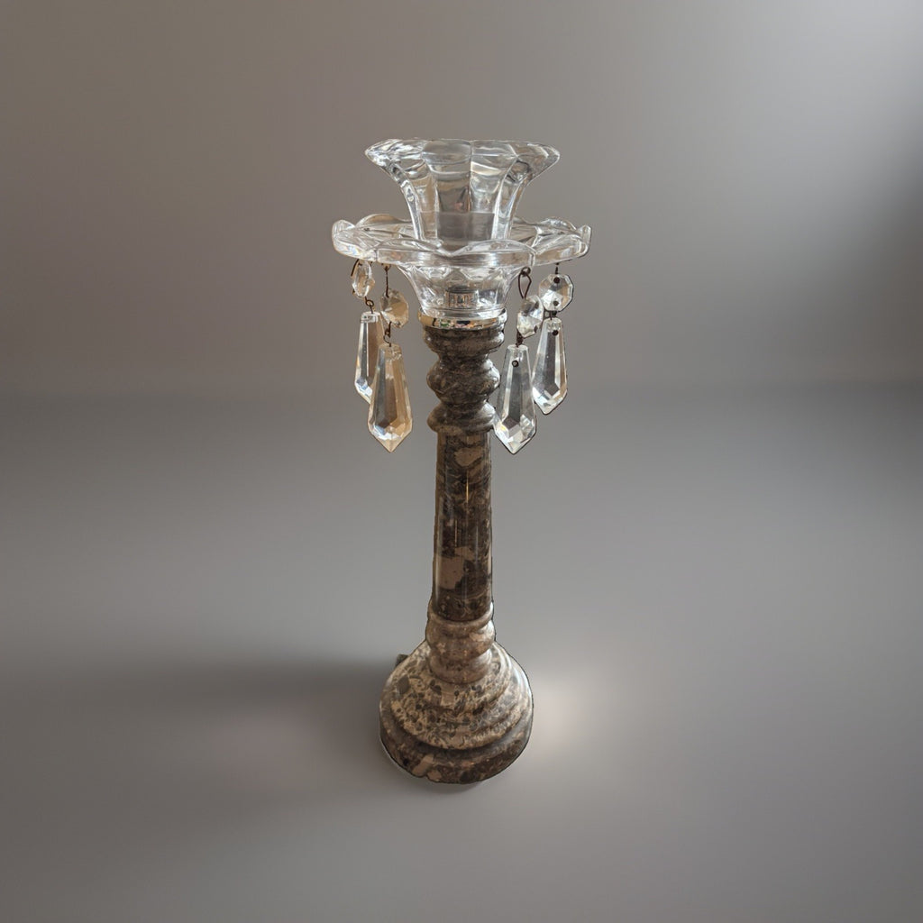 VINTAGE Hollywood Regency Gray Marble & Clear Crystal Candlestick Candle Holder