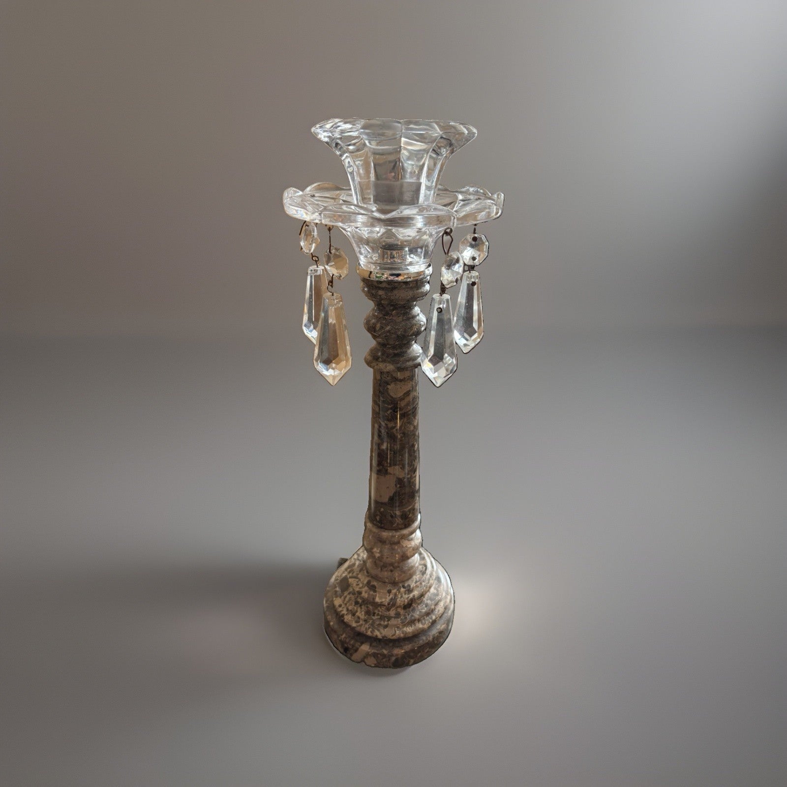 VINTAGE Hollywood Regency Gray Marble & Clear Crystal Candlestick Candle Holder